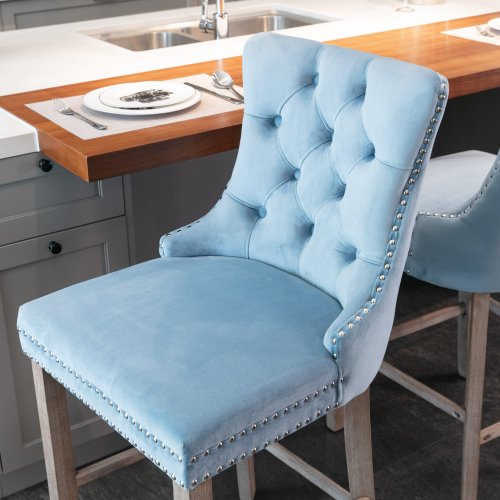 Light Blue Velvet Tufted Barstools 2-Pcs Set (DE2002LB)