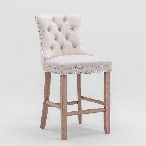 Contemporary Velvet Barstools Set of 2 (Beige) - Tufted, Wooden Legs & Chrome Trim