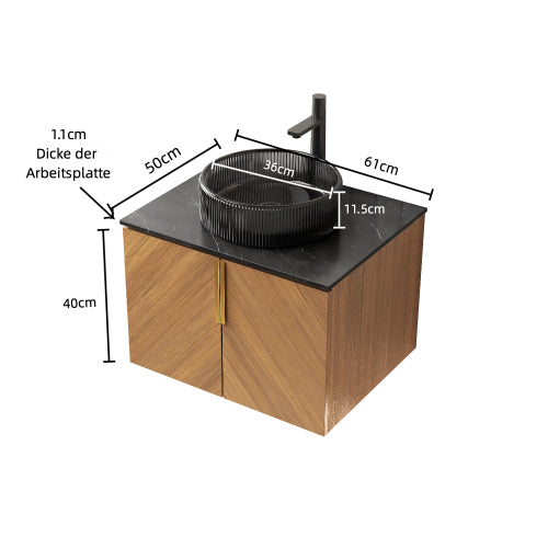 ARAI 61cm Wandmontierbarer Badezimmerwaschtisch (Transparentes Schwarzglasbecken + Schwarz Sinterstein)