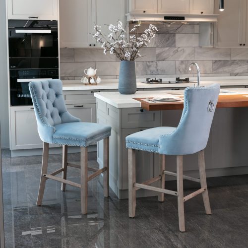 Light Blue Velvet Tufted Barstools 2-Pcs Set (DE2002LB)