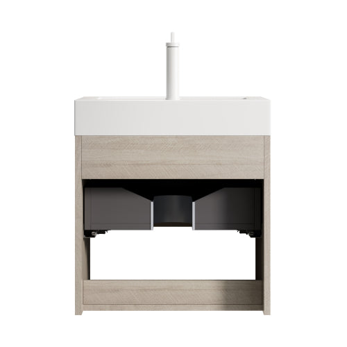 LUZ 55cm Wandmontierbarer Badezimmerwaschtisch (Weiß Resin-Becken + Hell-Eiche-Schrank)
