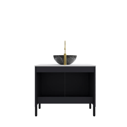 TURIO 76cm Freistehender Badezimmerwaschtisch (Schwarz Keramikbecken + Weiß Carrara-Sinterstein)