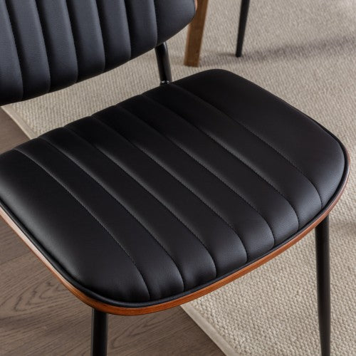 2-Piece Mid-Century Modern Black PU Dining Chairs - Walnut Bentwood Back, Metal Legs