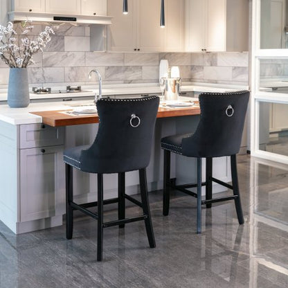Black Velvet Tufted Barstools 2-Pcs Set (DE2002BK)