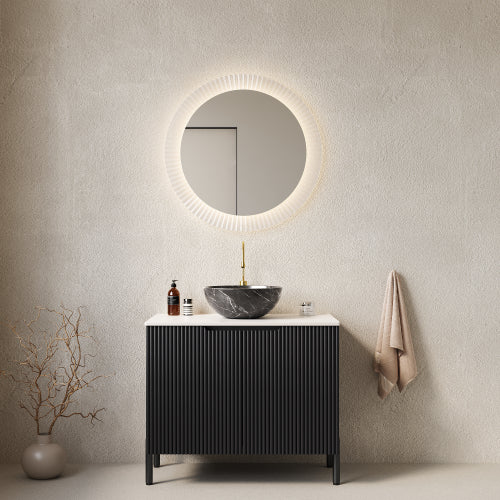 TURIO 76cm Freistehender Badezimmerwaschtisch (Schwarz Keramikbecken + Weiß Carrara-Sinterstein)