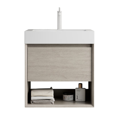 LUZ 55cm Wandmontierbarer Badezimmerwaschtisch (Weiß Resin-Becken + Hell-Eiche-Schrank)