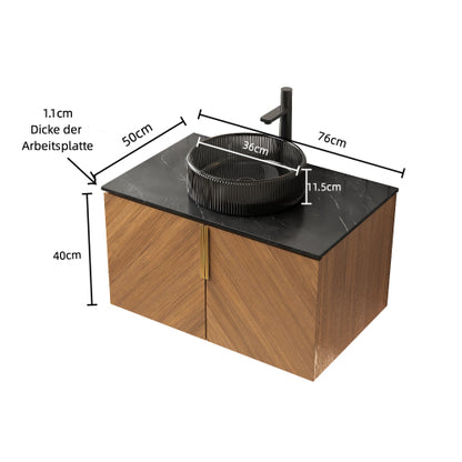 ARAI 76cm Wandmontierbarer Badezimmerwaschtisch (Transparentes Schwarzglasbecken + Schwarz Sinterstein)