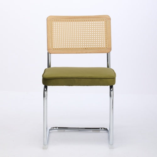 Mid-Century 2-Pcs Olive Green Velvet Dining Chairs (Cane Back, DE1851OL)