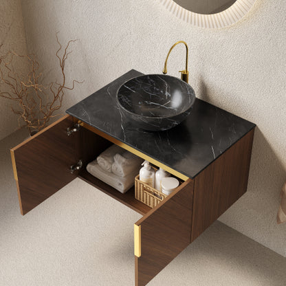 ARAI 76cm Wandmontierbarer Badezimmerwaschtisch (Schwarz Keramikbecken + Sintersteinplatte)