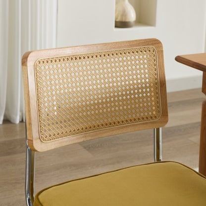 Mid-Century 2-Pcs Golden Velvet Dining Chairs (Cane Back, DE1851GL)