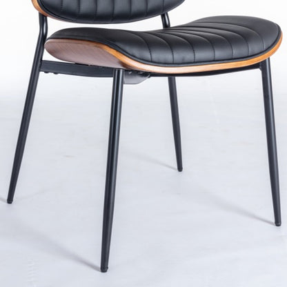 2-Piece Mid-Century Modern Black PU Dining Chairs - Walnut Bentwood Back, Metal Legs