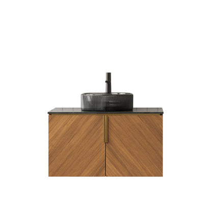 ARAI 76cm Wandmontierbarer Badezimmerwaschtisch (Transparentes Schwarzglasbecken + Schwarz Sinterstein)