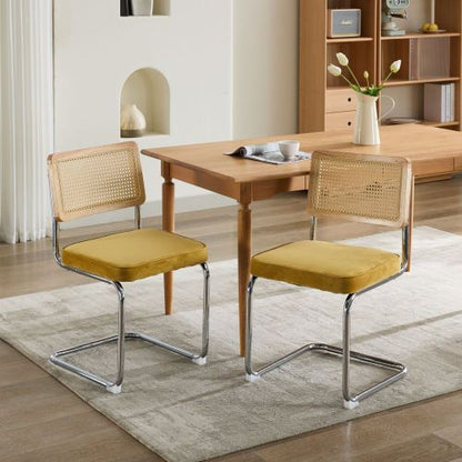 Mid-Century 2-Pcs Golden Velvet Dining Chairs (Cane Back, DE1851GL)