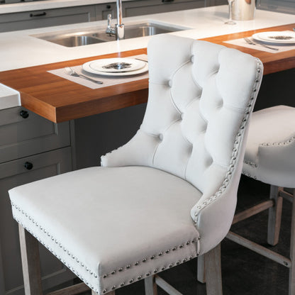 Contemporary Velvet Barstools Set of 2 (Beige) - Tufted, Wooden Legs & Chrome Trim