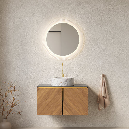 ARAI 76cm Wandmontierbarer Badezimmerwaschtisch (Weiß rundes Keramikbecken + Schwarz Sinterstein)