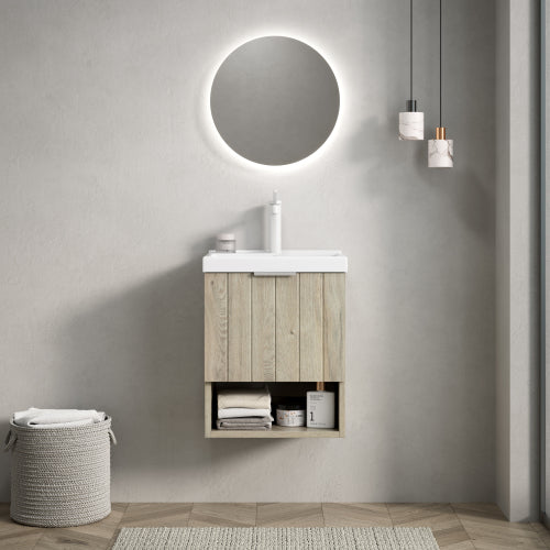 KAIRO 42cm Wandmontierbarer Badezimmerwaschtisch (Weiß Keramikbecken + Cremeeiche)