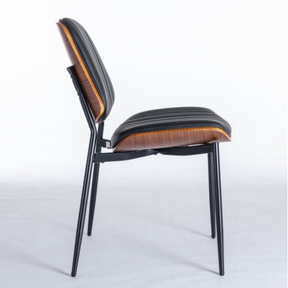 2-Piece Mid-Century Modern Black PU Dining Chairs - Walnut Bentwood Back, Metal Legs