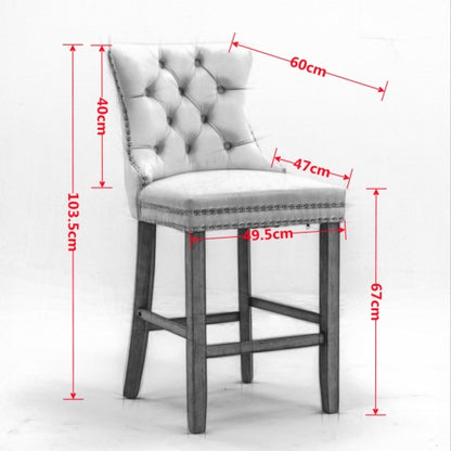Contemporary Velvet Barstools Set of 2 (Beige) - Tufted, Wooden Legs & Chrome Trim