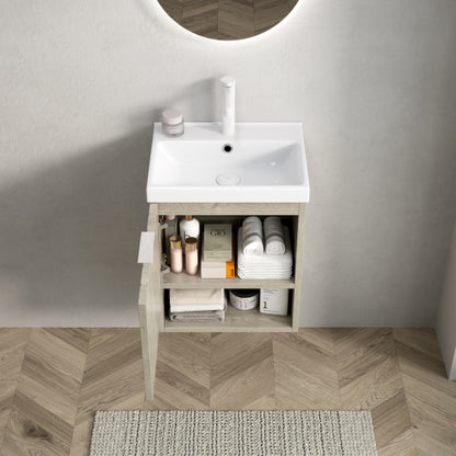 KAIRO 42cm Wandmontierbarer Badezimmerwaschtisch (Weiß Keramikbecken + Cremeeiche)