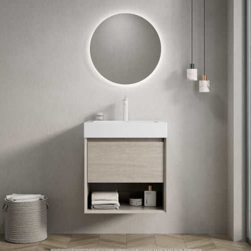 LUZ 55cm Wandmontierbarer Badezimmerwaschtisch (Weiß Resin-Becken + Hell-Eiche-Schrank)
