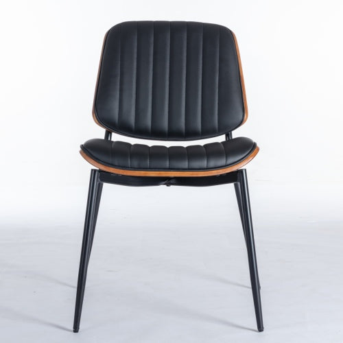 2-Piece Mid-Century Modern Black PU Dining Chairs - Walnut Bentwood Back, Metal Legs