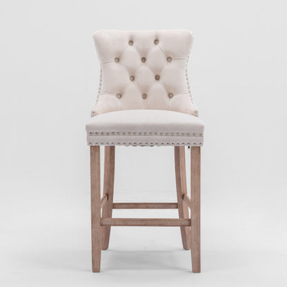 Contemporary Velvet Barstools Set of 2 (Beige) - Tufted, Wooden Legs & Chrome Trim