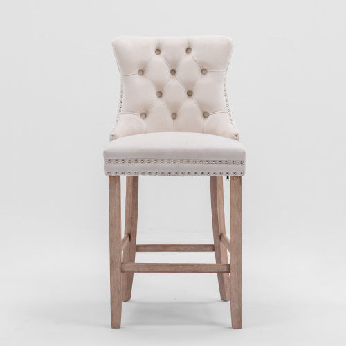 Contemporary Velvet Barstools Set of 2 (Beige) - Tufted, Wooden Legs & Chrome Trim